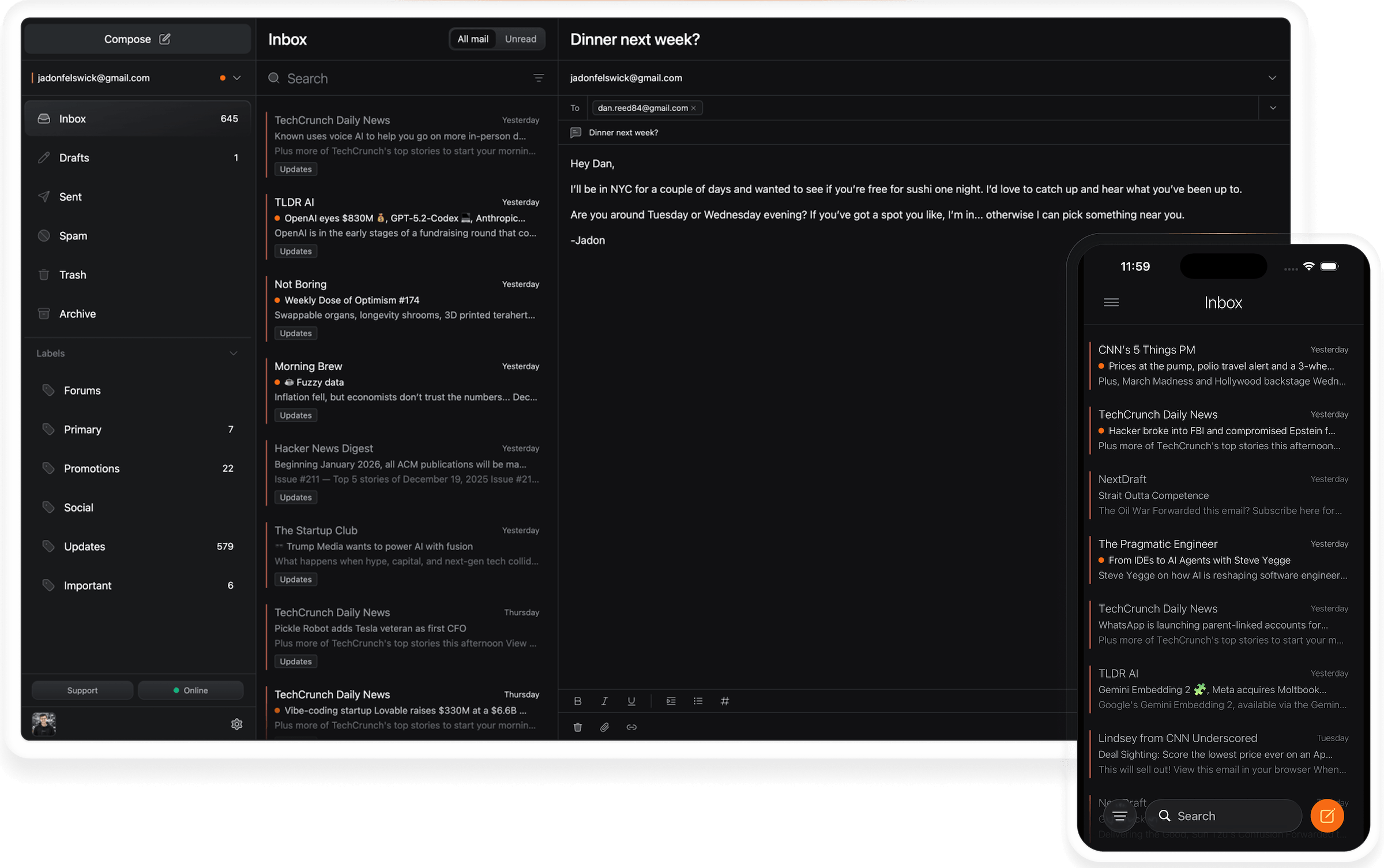 Marco desktop app showing a three-pane email layout with sidebar, inbox list, and message view