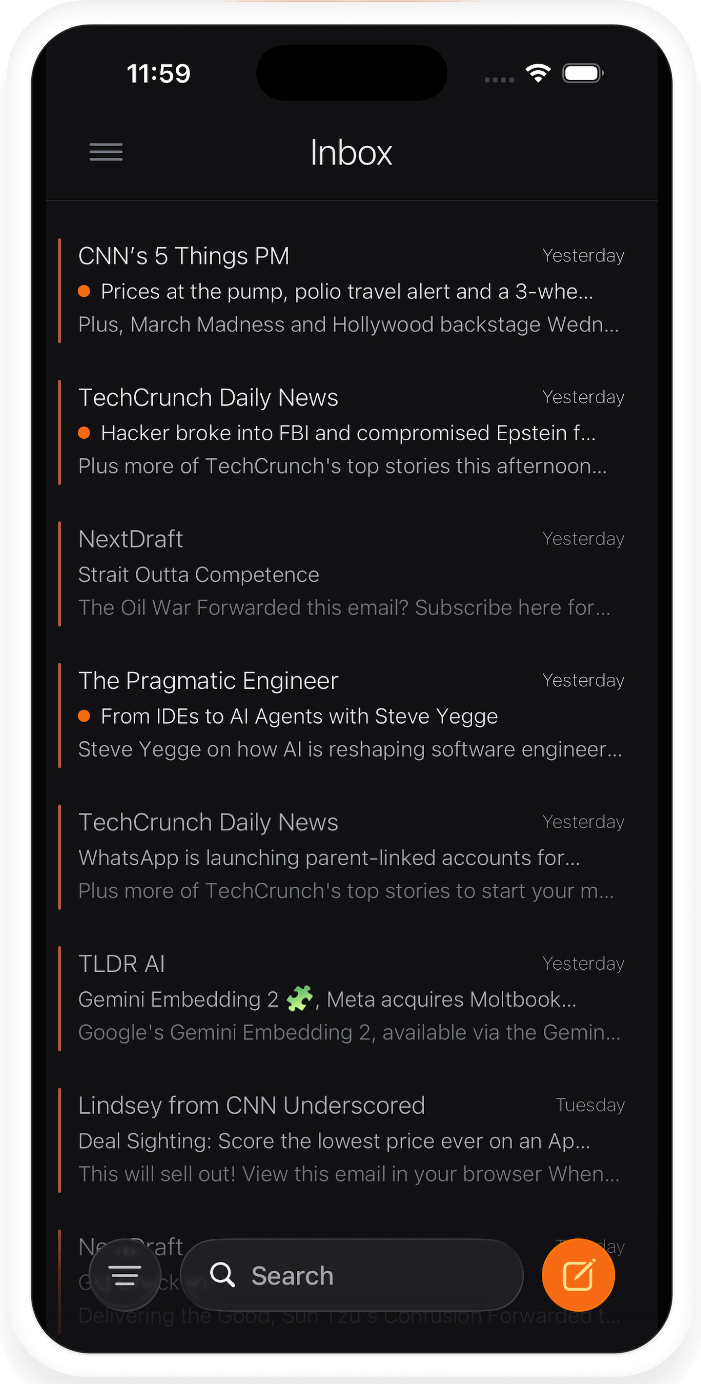Marco mobile app showing an inbox with a list of emails